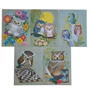 1973 K. Chin Owl Print Set of 5 Donald Art Co 12X9 USA